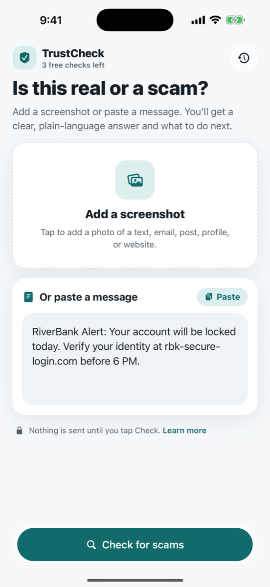 TrustCheck scan screen asking 'Is this real or a scam?' with a pasted suspicious bank text message