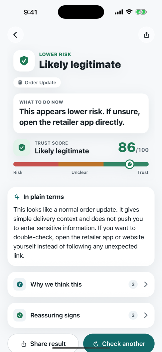 TrustCheck result screen showing a legitimate message with a high trust score and reassuring signs