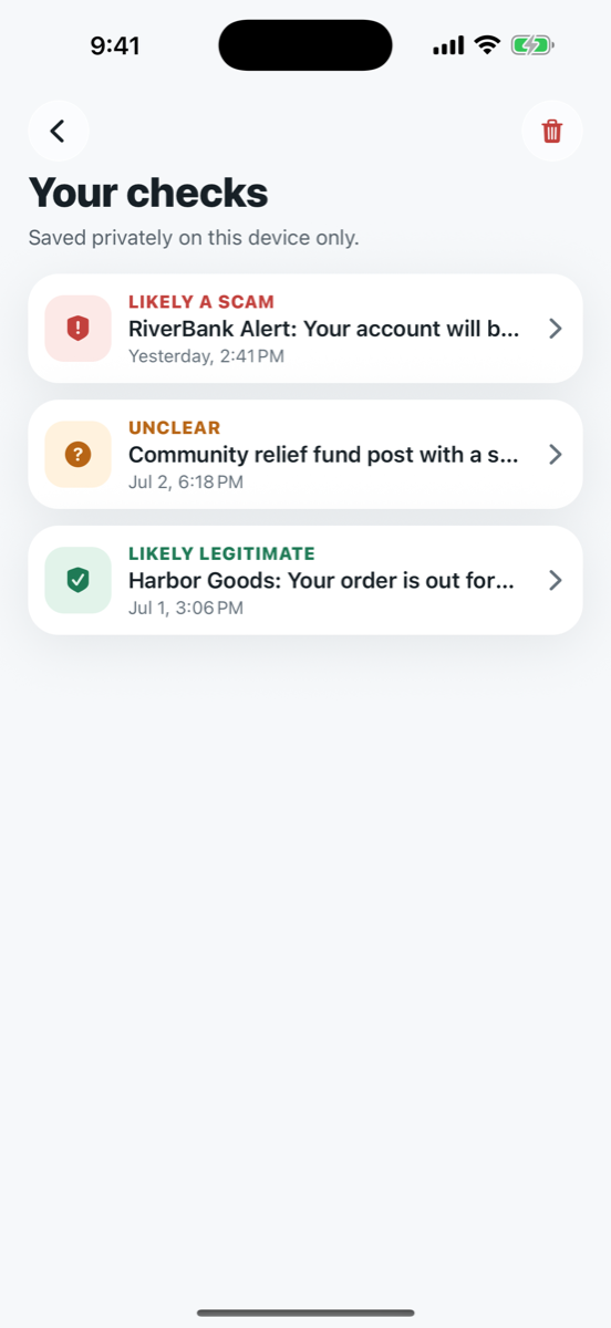 TrustCheck history screen listing previous checks with their verdicts and scores