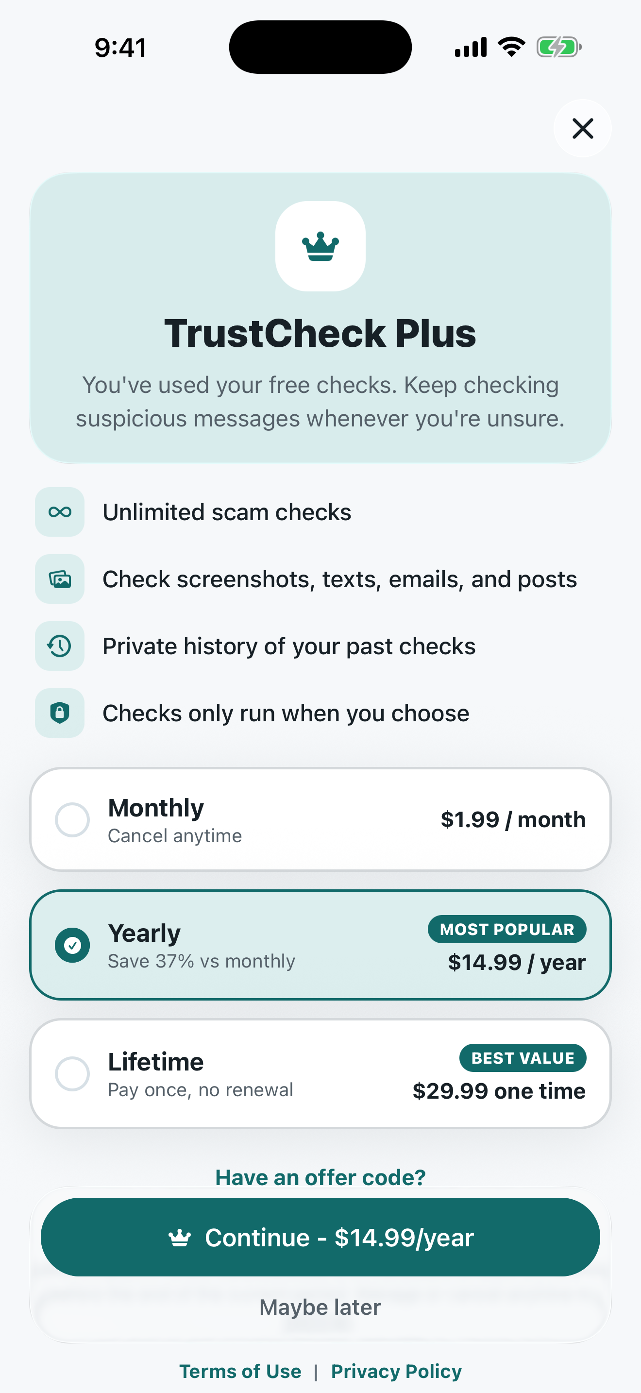 TrustCheck Plus screen with monthly, yearly, and lifetime choices