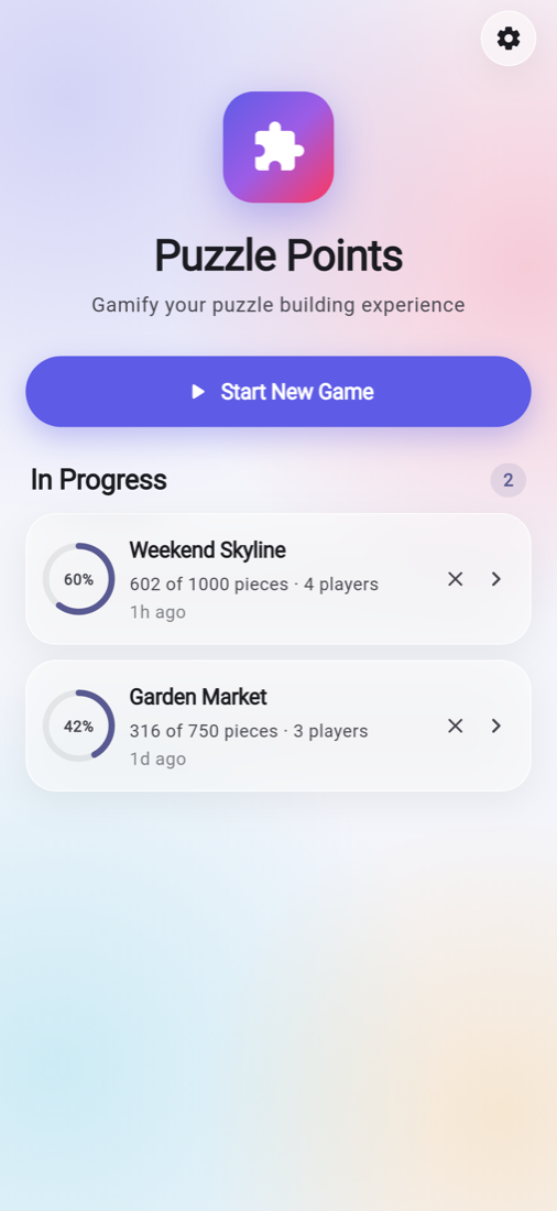 Home screen showing saved jigsaw puzzles in progress with completion rings