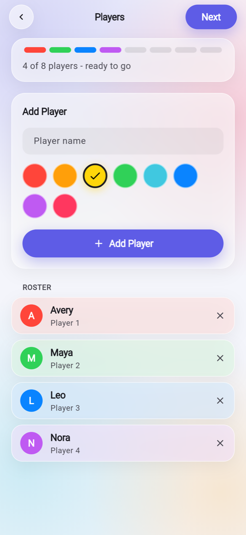 Player setup screen with a four-person roster and color choices
