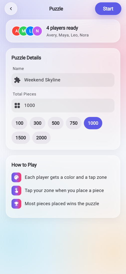 Puzzle setup screen with puzzle name, piece count, and quick size options